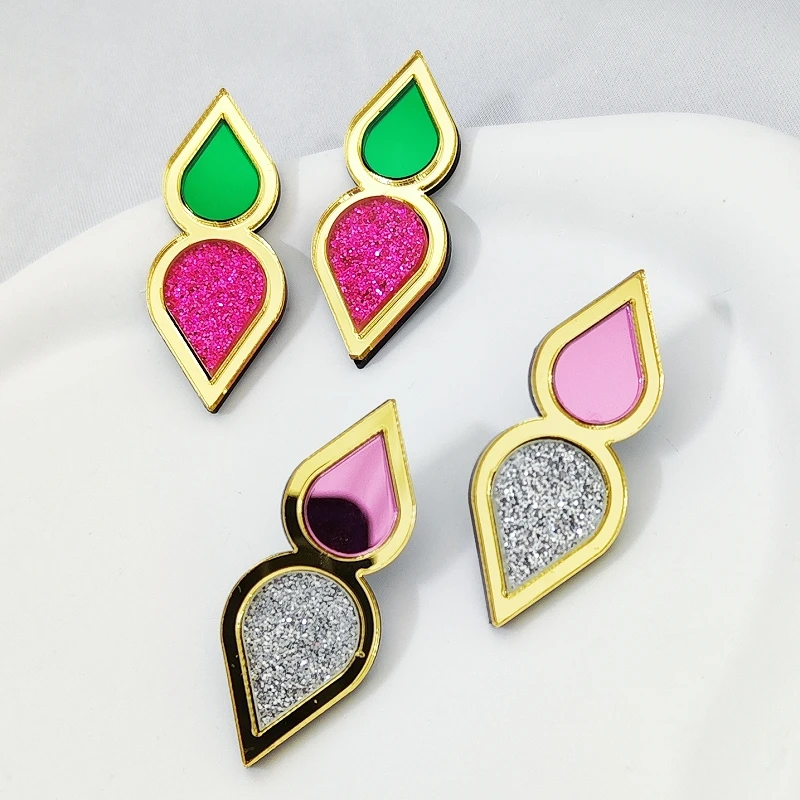 KUGUYS Color Contrast Water Drop Stud Earrings for Women Mirror Glitter Acrylic Fashion Jewelry