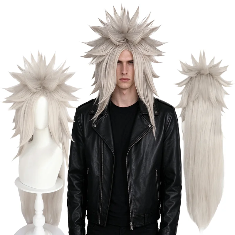 Anime Jiraiya Cosplay Wig Silver Gray 38 Inch Long Straight Spiky Layered Heat Resistant Synthetic Hair for Party Costume Unisex