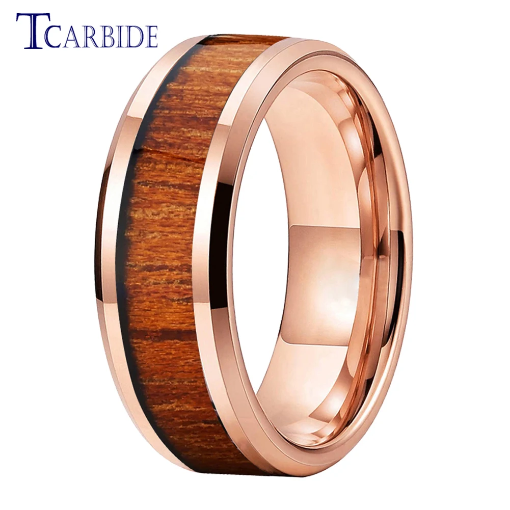 

8mm Koa Wood Ring Men Women Tungsten Wedding Band Beveled Polished Finish Excellent Quality Classic Gift Jewelry