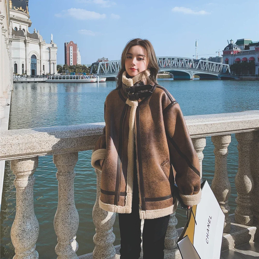 Leather Thicken Warm Jackets Korean Lamb Fur Coat Women Vintage Winter Clothing Loose Streetwear Outerwear Winter Clothes Women