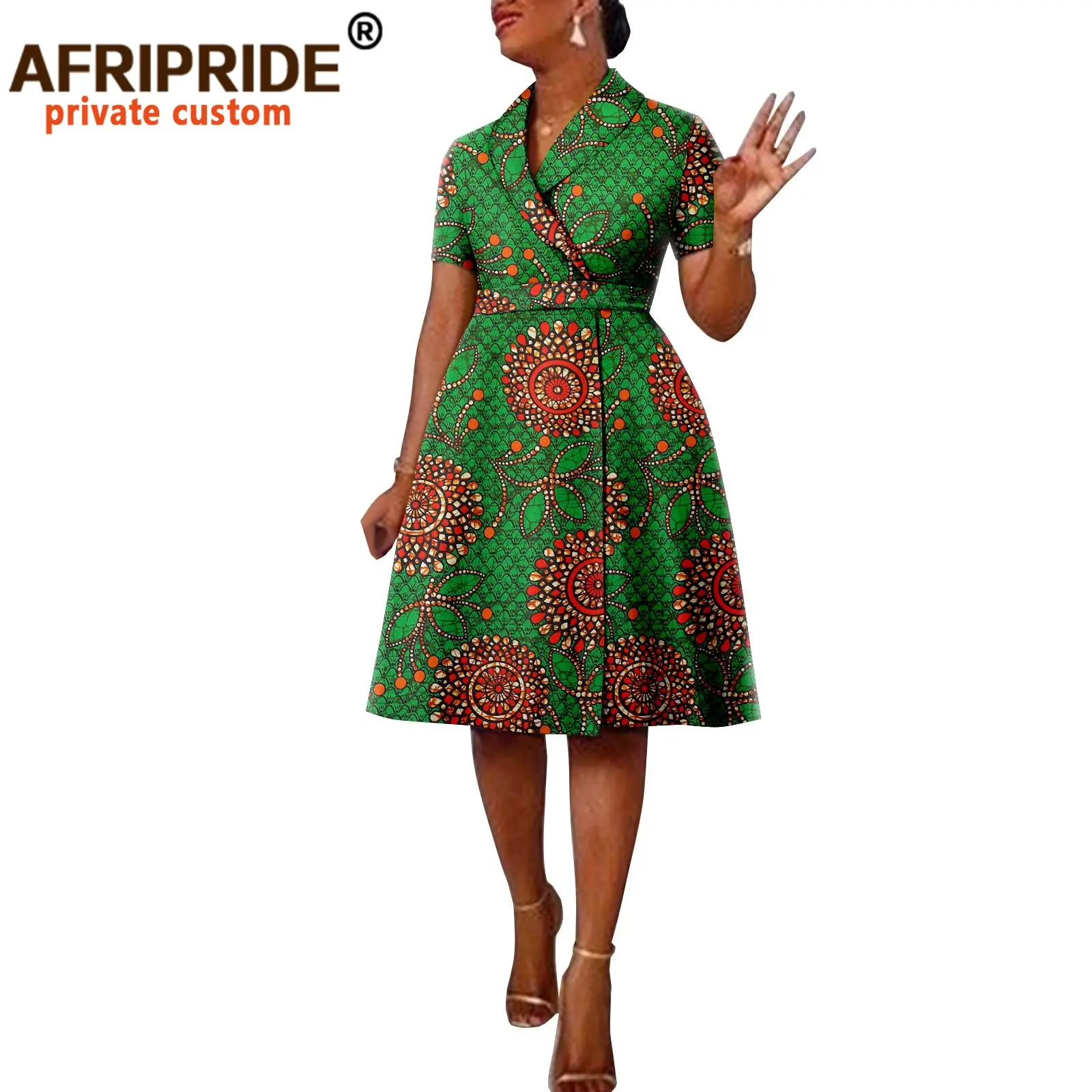 African Ankara Printed Casual Style Short Sleeve Women's Cotton Belt Lapel Padded Shoulder Suit Dress, A2225140