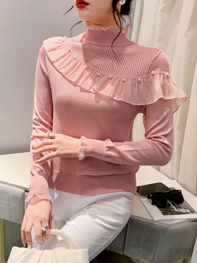 

MadBlack Half Turtleneck Sweater Women Ruffled Beaded Slim Knit Tops Long Sleeve Workwear Pullover New Fall Winter T3N502JD