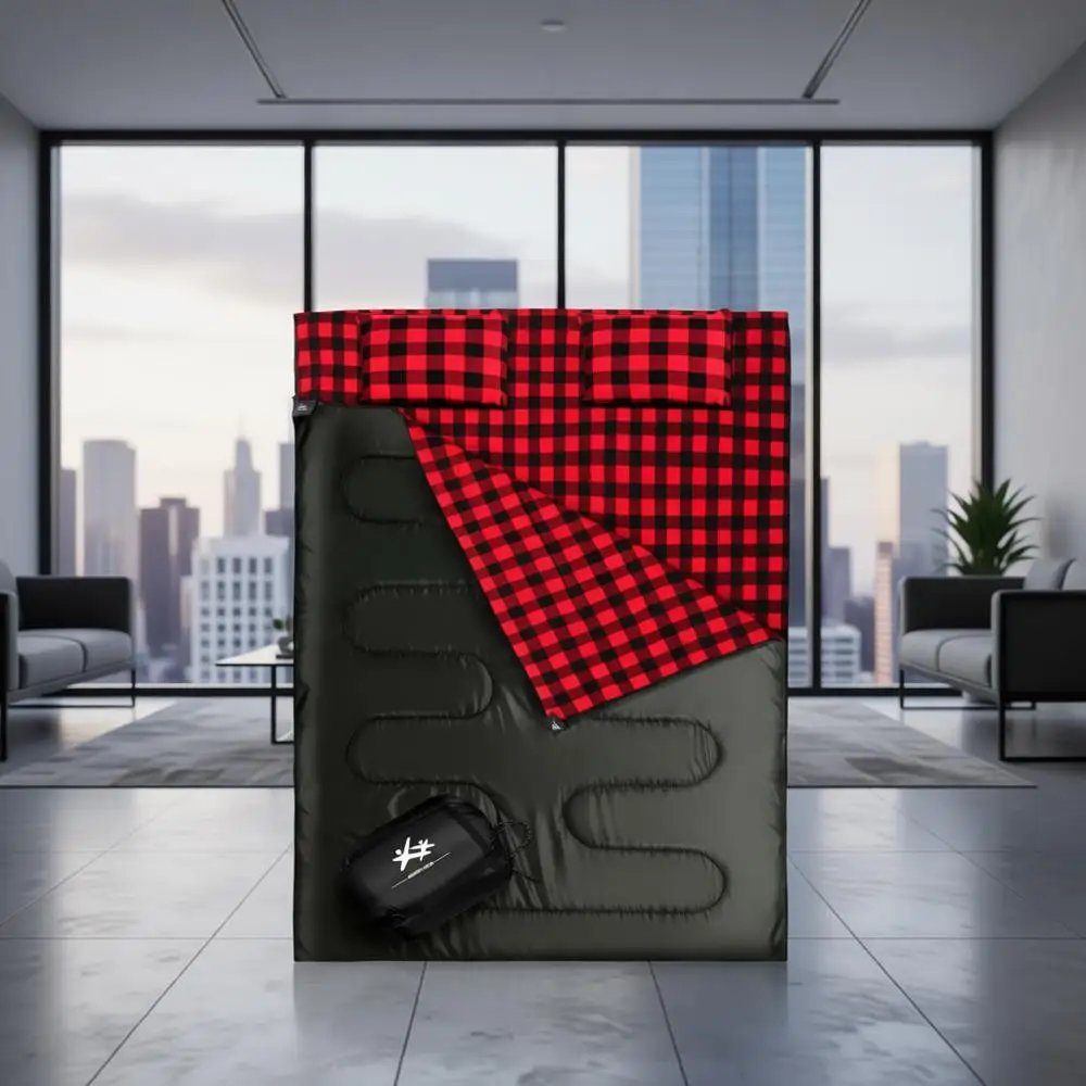 

Double Layer Sleeping Bag for Adults or Kids, Queen Size, 2 Person with 2 Pillows, Suitable for All Weather, Waterproof, Lightwe