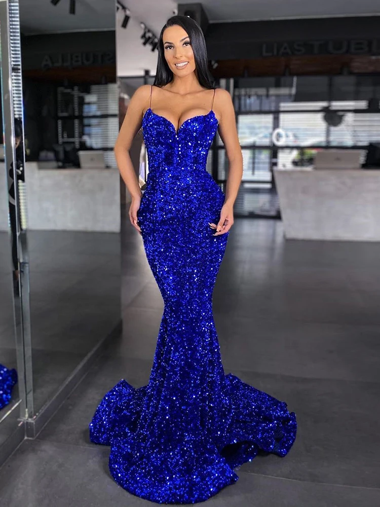 

GUXQD Shiny Mermaid Evening Dresses Women Spaghetti Straps Sequins Prom Party Gowns Formal Vestido De Noche robes de soirée