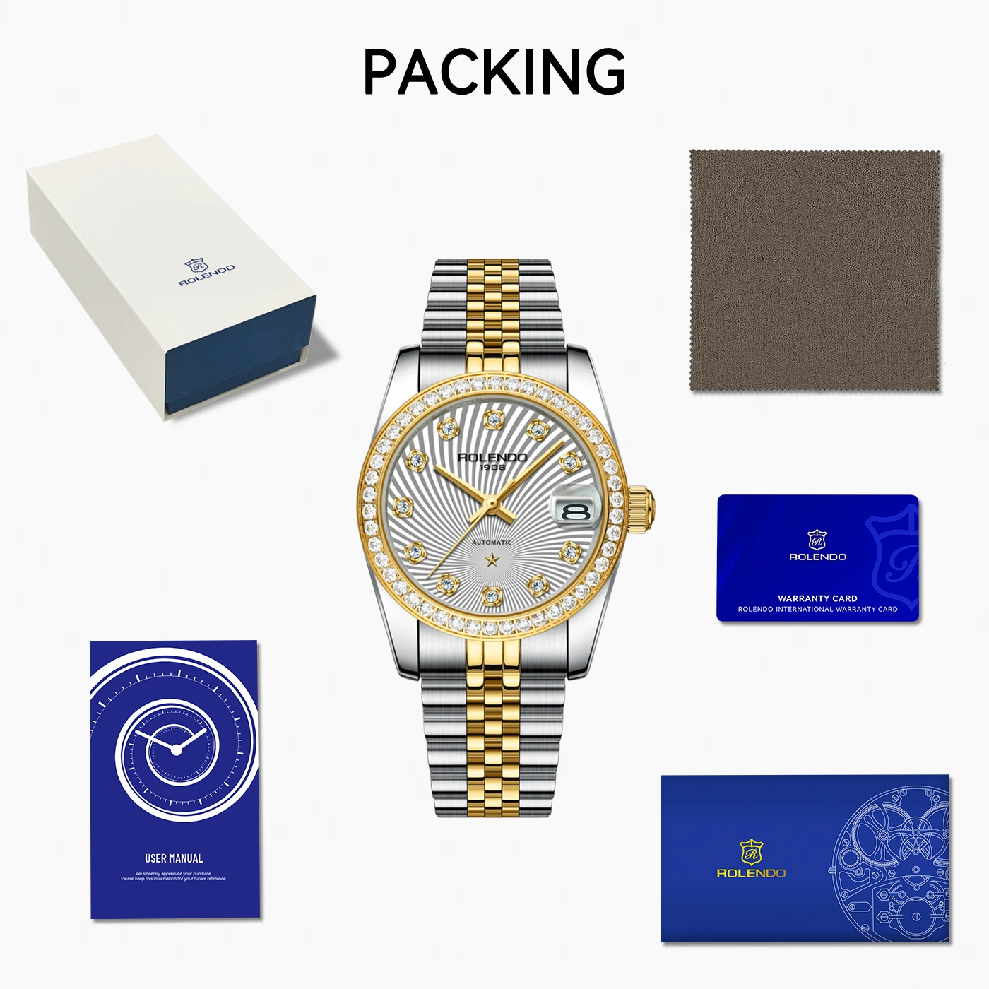 ساعات رولندو الكلاسيكية للتاريخ للنساء 32 ملم كريستال الياقوت 30ATM مشبك فراشة ذهبي فاخر الماس مجموعة ساعة يد أوتوماتيكية