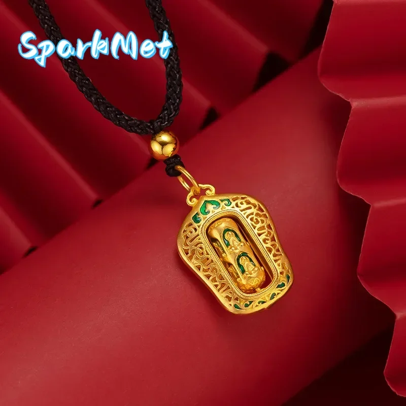 Christmas 24K Yellow Gold Vintage Burned Blue Pendant, 9999 Real Gold Necklace Fashion Birthday Wedding Christmas Charm Fine Jew