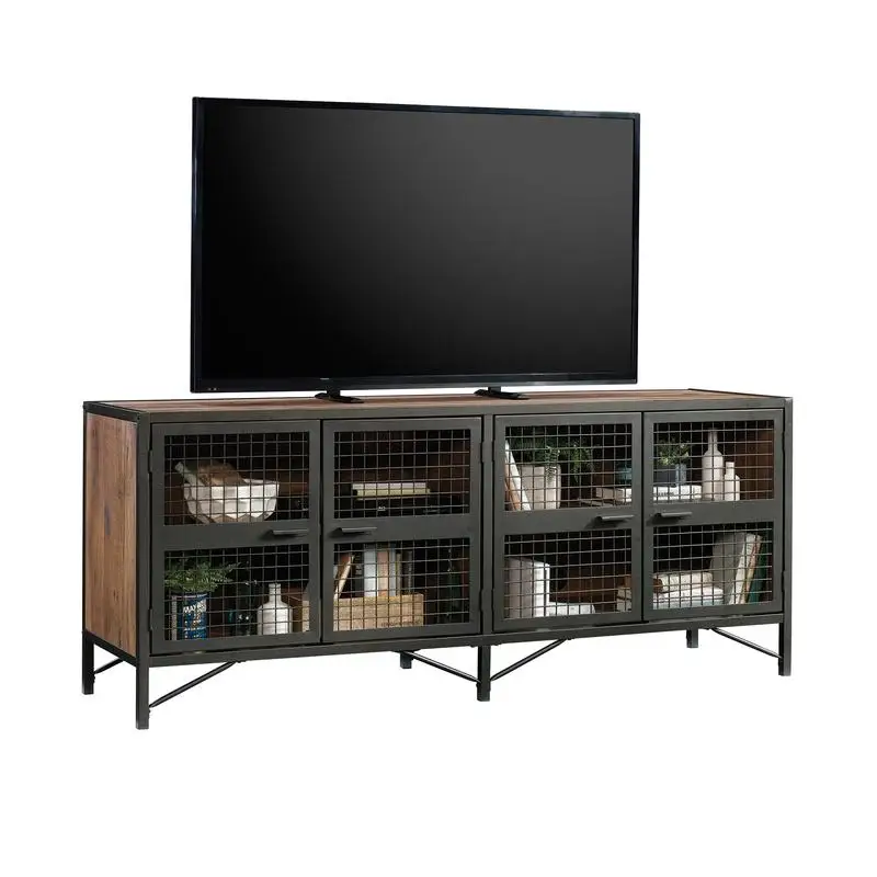 TV-standaard voor tv's tot 60 inch, bruine afwerking, modern design, opbergkast, zit plat tegen de muur, perfect voor woonkamer of