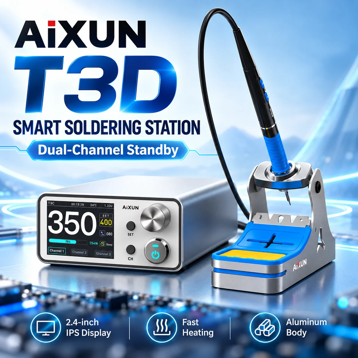 AiXUN T3D Smart Soldering Station Dual Channel Standby 2.4 Inch IPS Display Aluminum Body for Phone PCB Repair
