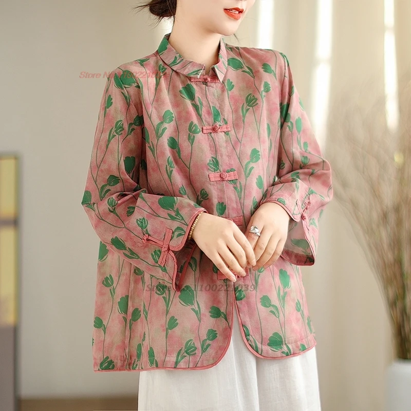 

2024 women vintage blouse national flower print traditional blouse streetwear hanfu tops oriental retro tang suit folk blouse