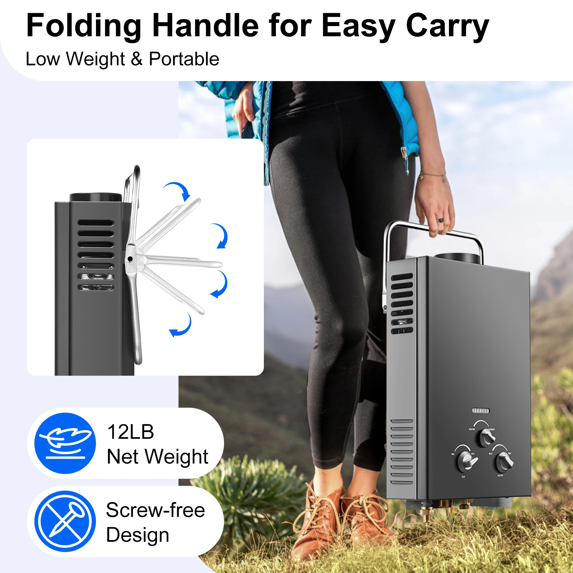 6L Portable Natural Gas , 1.58GPM Instant Hot Shower for Camping/RV, 40K BTU, Tankless Water Heater
