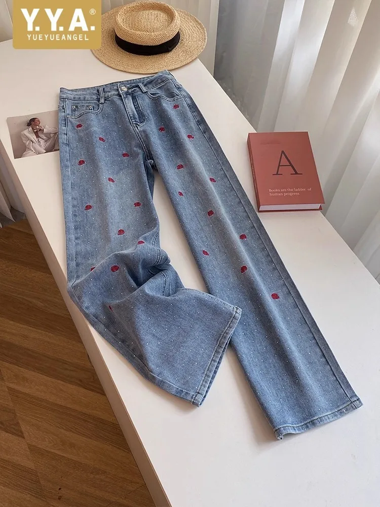 

High Street Fashion Red Rose Embroidered Female Jeans Autumn Loose Diamond Straight Wide Leg Pants Casual Long Trousers Hot Sale