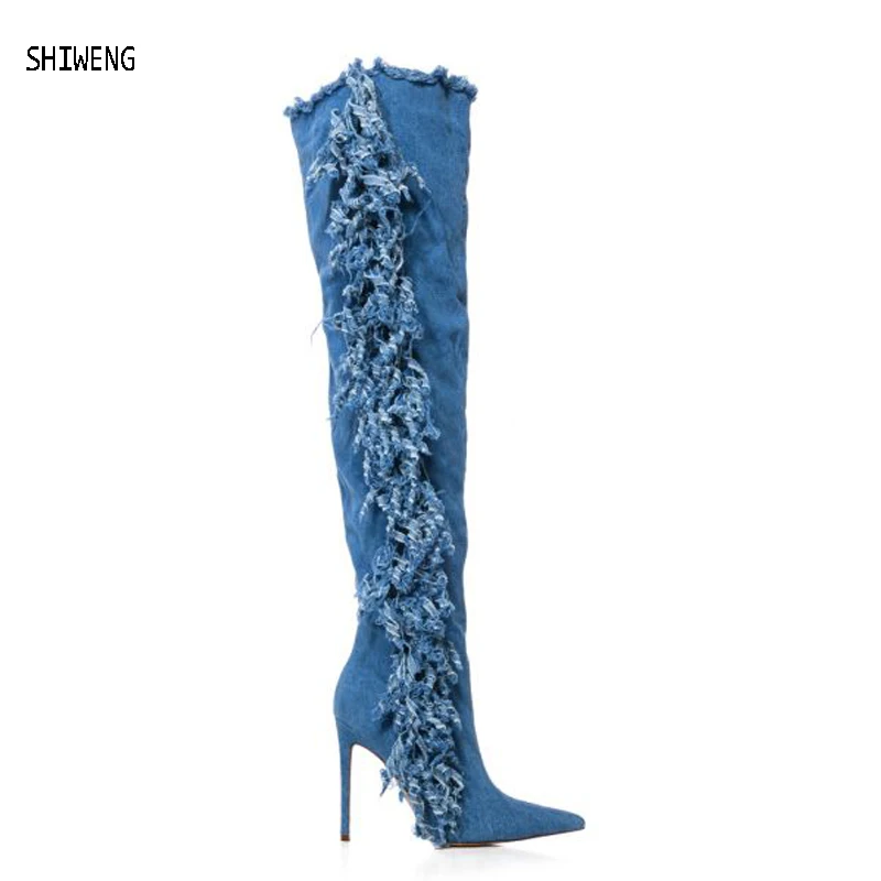 

Sexy Women Pointed Toe Tassel Over The Knee Long Boots Blue Denim Gladiator Boots High Heel Jeans Boots Shoes 44