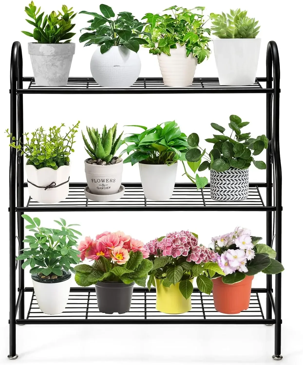 3 Tier Metal Plant Stand, Plant Display Rack Shelf Stand w/ Adjustable Feet and Built-in Handles, Home Storage Organizer Shelf