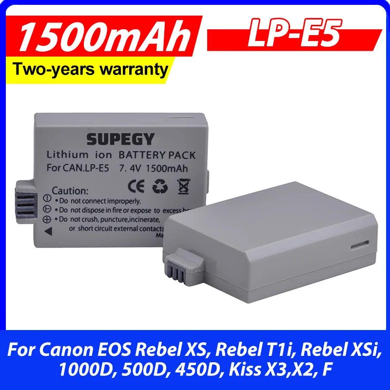 2Packs 1500mAh LP-E5 LPE5 LP E5 Battery for Canon EOS Rebel XS, Rebel T1i, Rebel XSi, 1000D, 500D, 450D, Kiss X3,X2, F