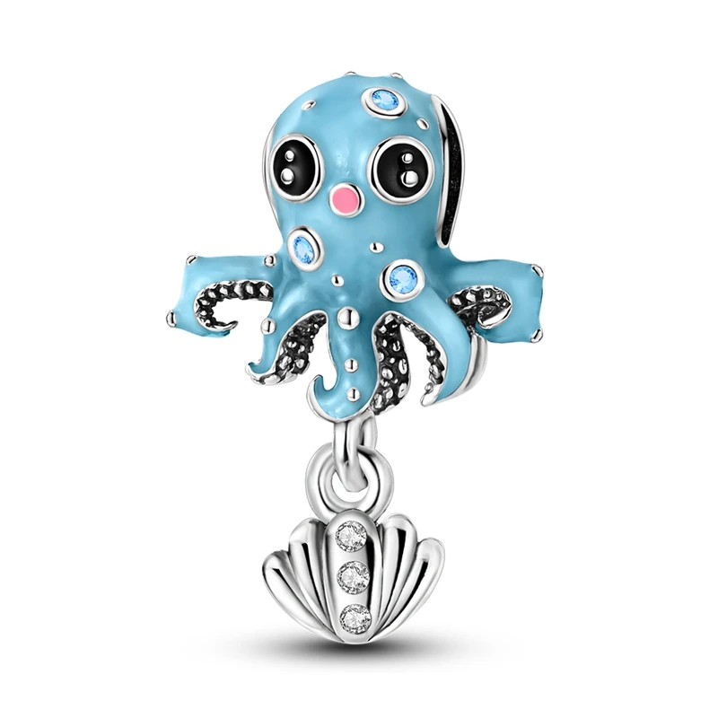 

Creative 925 Sterling Silver Cute Blue Octopus Shell Charm Fit Pandora Bracelet Women's Aquarium Bead Gameplay Accessory