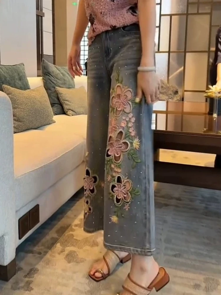 Jeans Blue Heavy Embroidery Hollow Out Straight Spring Summer Lightweight High Waist Ankle Length Wide Leg Pants