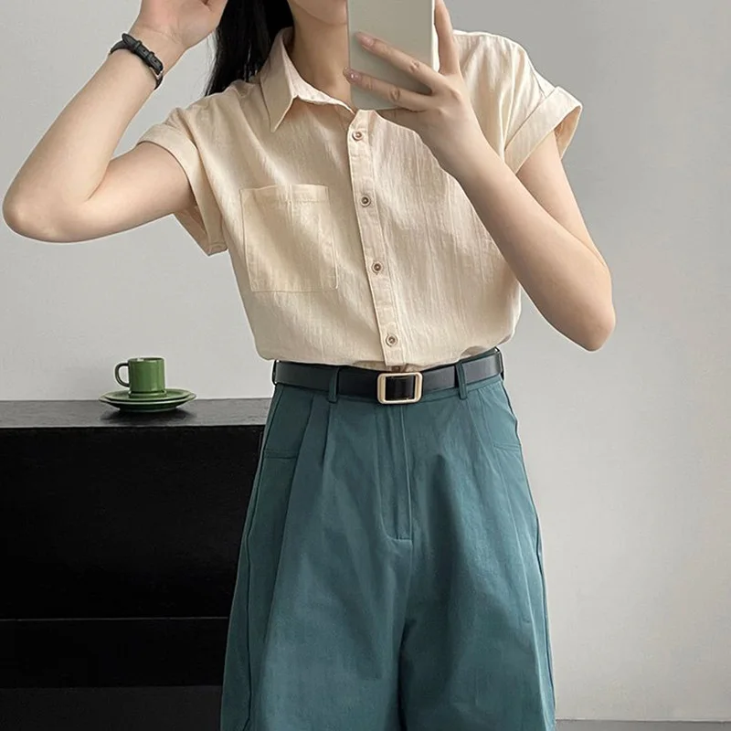 Cotton Linen Short Sleeve Blouse Casual Summer Clothes for Women Turn-down Collar Pockets Splicing Button Solid Color Shirt