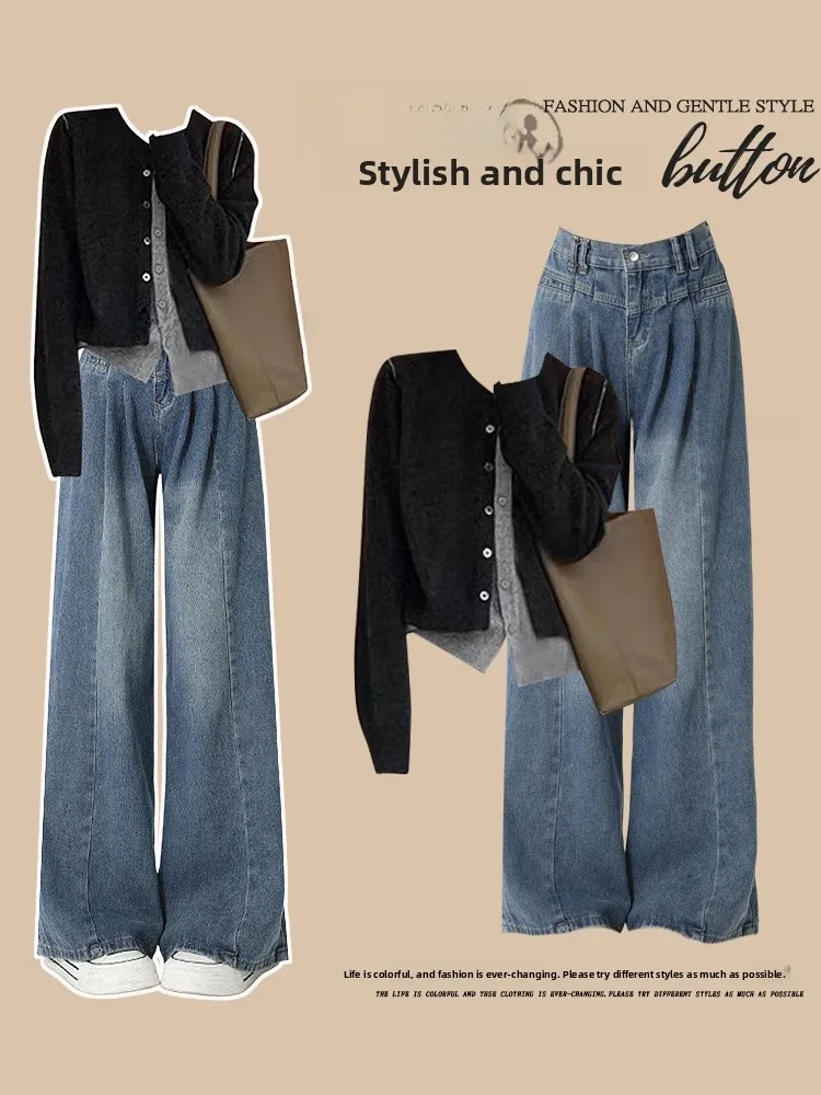 

Комплект из двух предметов: осенняя повседневная рубашка больших размеров и джинсовые брюки с высокой талией, драпировкой и облегающим кроем, с V-образным вырезом и пуговицами, модный женский ансамбль