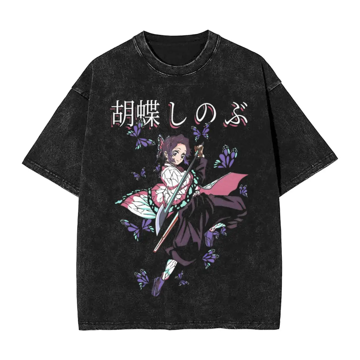 Cartoon Shinobu Kocho Demon Slayers T Shirts Hip Hop Washed 100% Cotton Oversize T-Shirts Anime for Men Women Tops Printed Tees