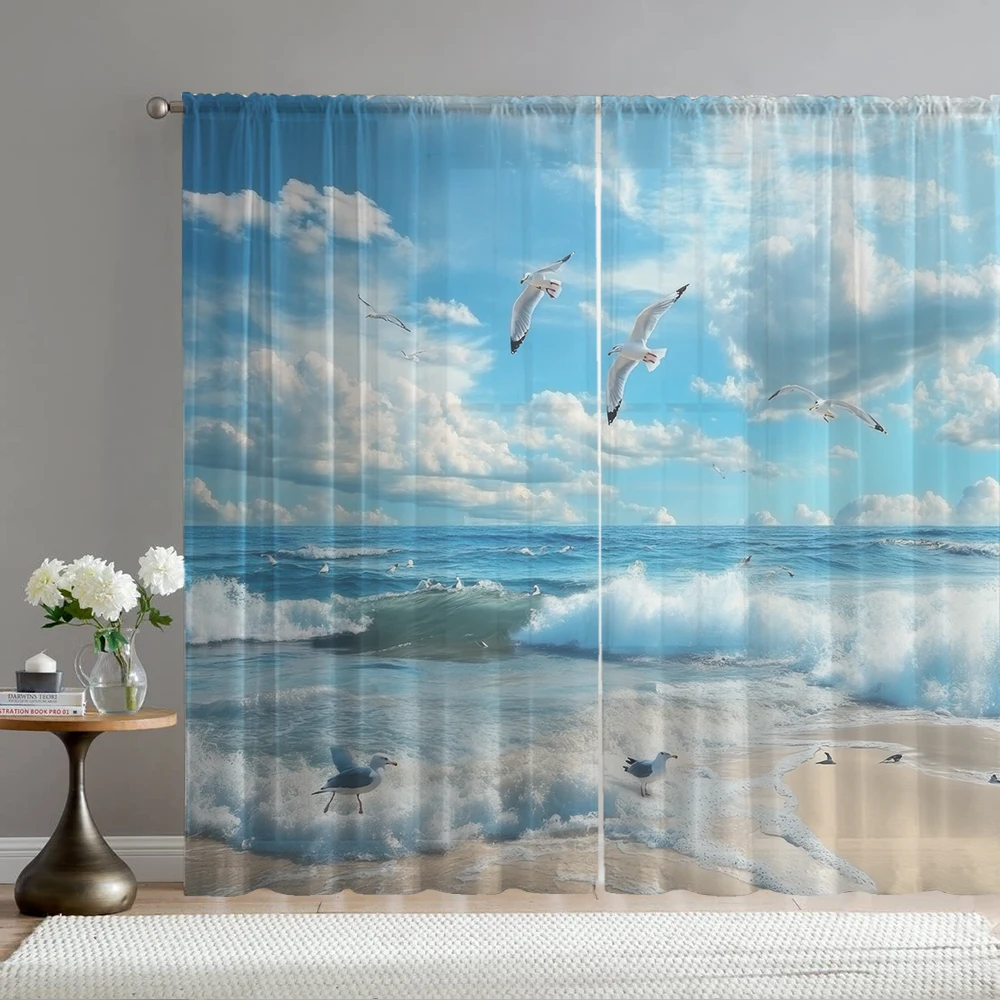 2Pcs Blue Sky Seagull Sea View Print Home Decoration Window Screens Suitable For Coffee Shop, Restaurant, Bedroom