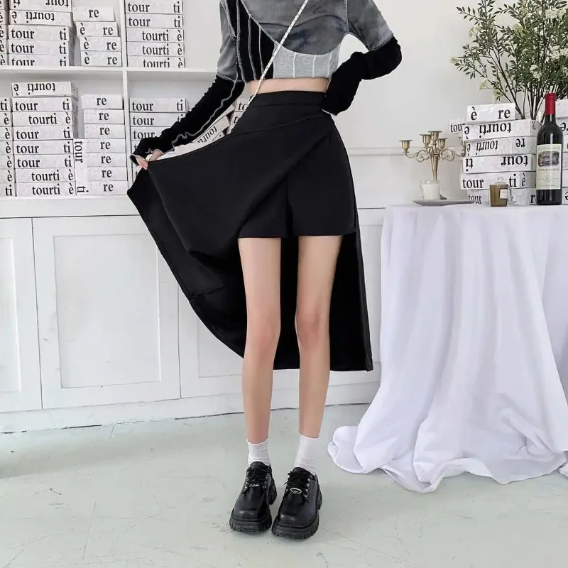 Chic Design Skirts for Women Side-slit Summer Clothing Ladies All-match Black Simple Fashion High Waist Casual New Solid A-line