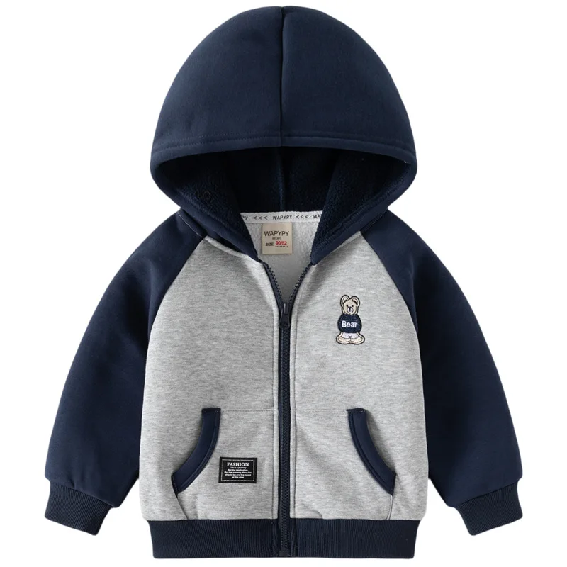 

2023 Autumn and Winter Boys Hooded Jacket With Fleece and Double-layer Zipper Coat Sales of Fashionable Kid Clothes