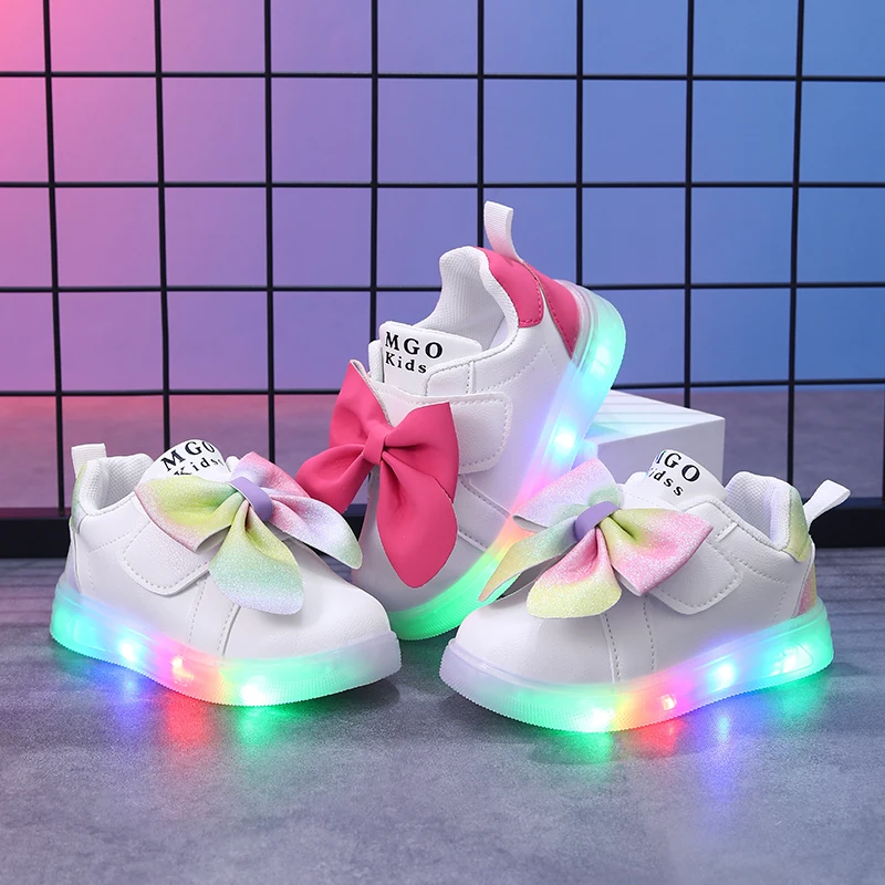 Mgo Kidss Large Bow Light-Up Shoes, Light-Up Shoes, Children's Shoes, Girls' Casual Shoes, Sports Shoes, Flashing Light Shoes, Fantasy Color Rose Red, Suitable for Ages 1-3-6