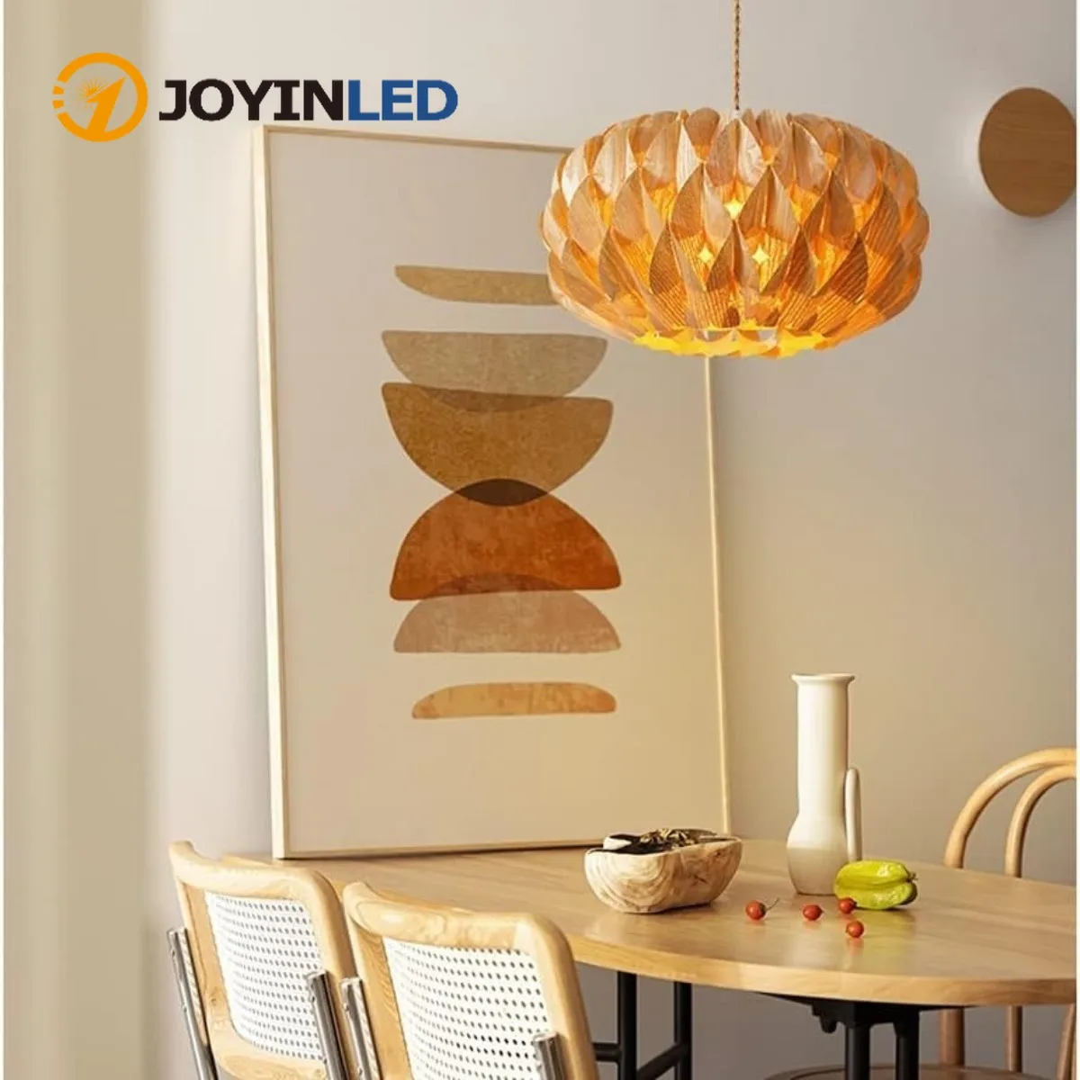 

JOYINLED Lotus Wooden Chandelier 40cm Southeast Asian Handwoven Wood Veneer Pendant Light Living Room Dining Room Kitchen Lamp