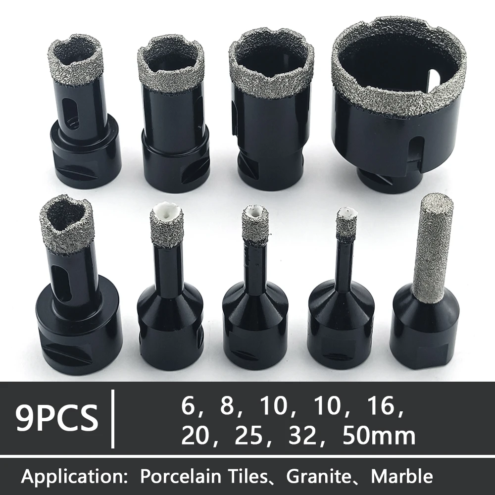 9Pcs M14 Thread Diamond Dry Drill Bit Vacuum Brazed Drilling Core Bits Set Porcelain Tiles Crowns Granite Marble Hole Saw Tools