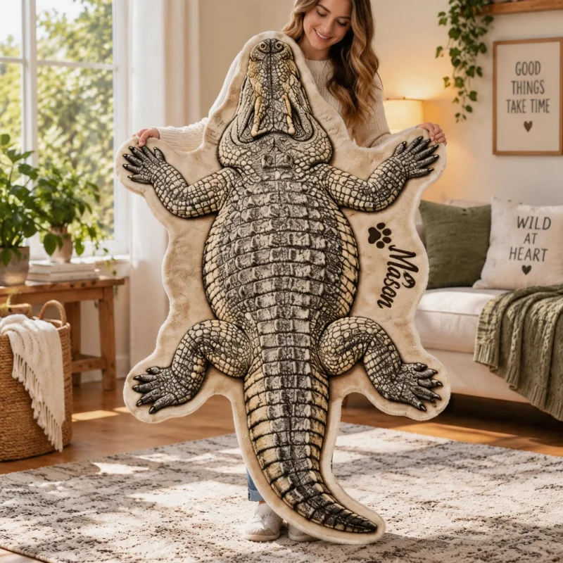 2D Flat Custom Shaped Throw Blanket Personalized Name Crocodile Theme Decor Home Bed Living Room Sofa Throw Covers Holiday Gifts