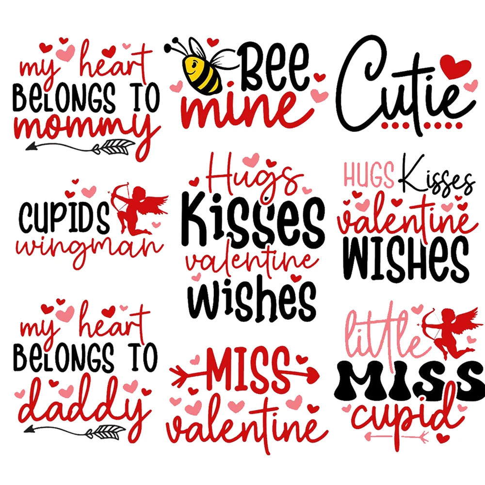 Autocollants de transfert de chaleur DTF, citations de saint-valentin, repasser sur mon cœur, appartient à la maman Cupidon, pour vêtements, lavables, bricolage