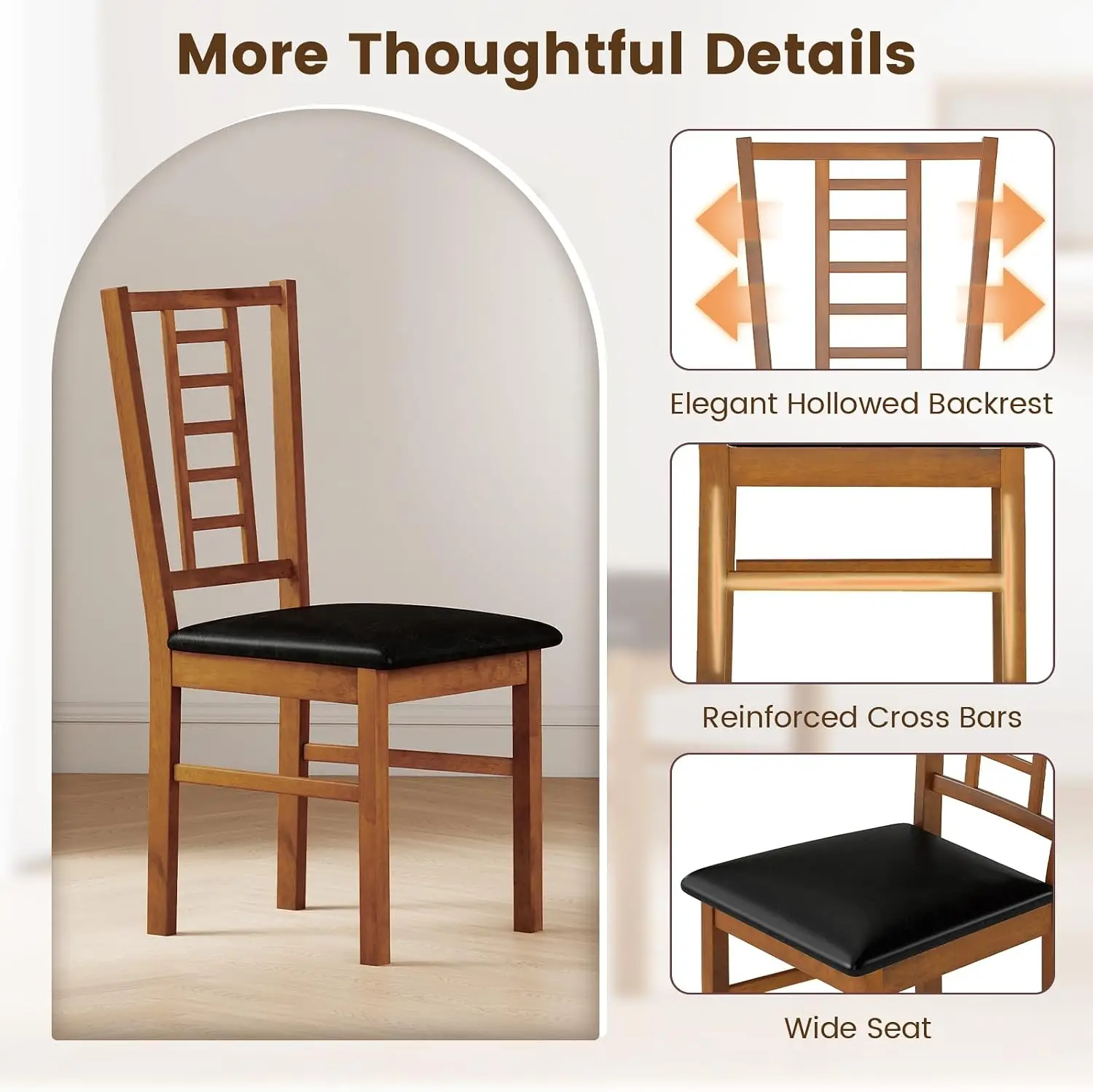 Wooden Dining Chairs Set of 2, Armless Kitchen Chairs w/Hollowed Backrest, Upholstered PU Seat, Rubber Wood Frame, Modern Dinette Furniture Set for Dining Room, Living Room, Cafe(Walnut+Black) view 5