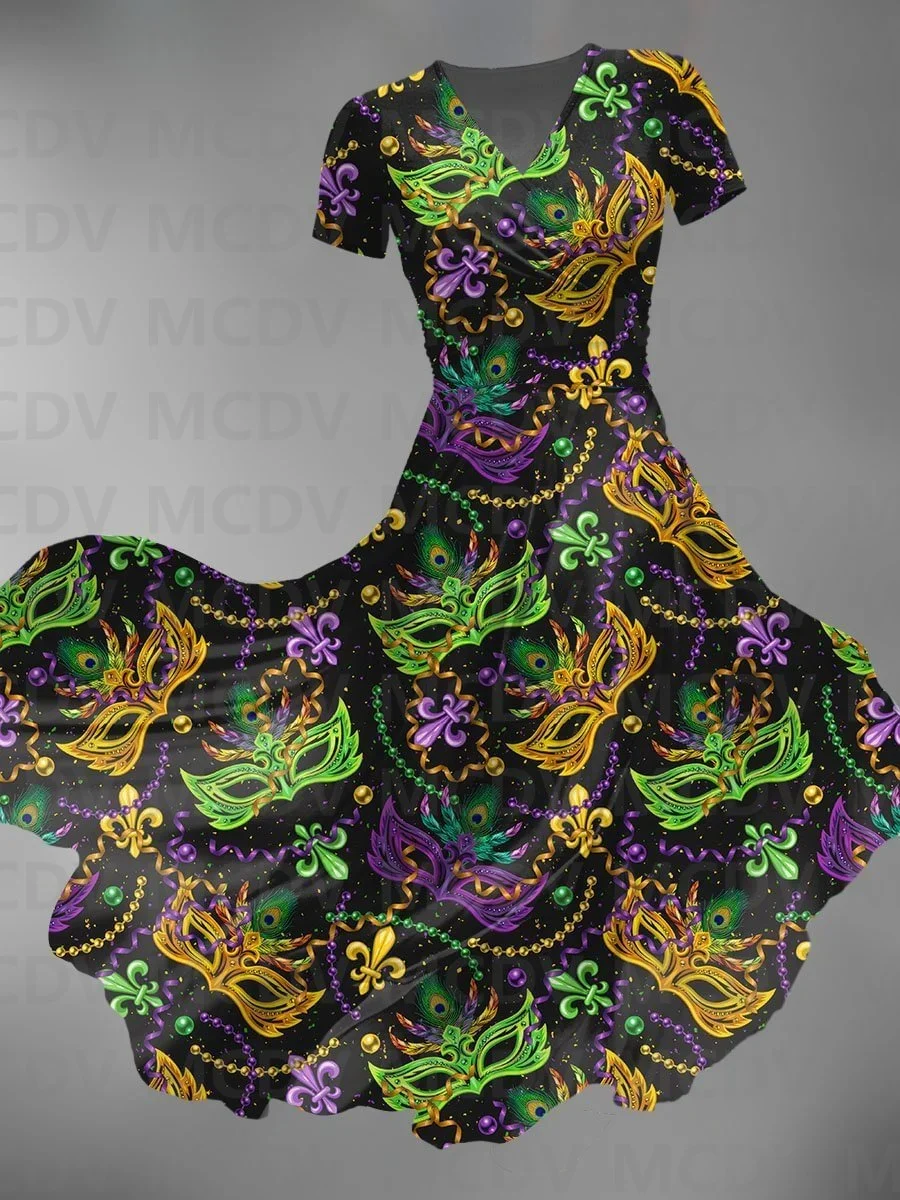 Women's Vintage Mardi Gras Florar Print Maxi Dress 3D Printed Sexy V-neck Dress Female Dresses