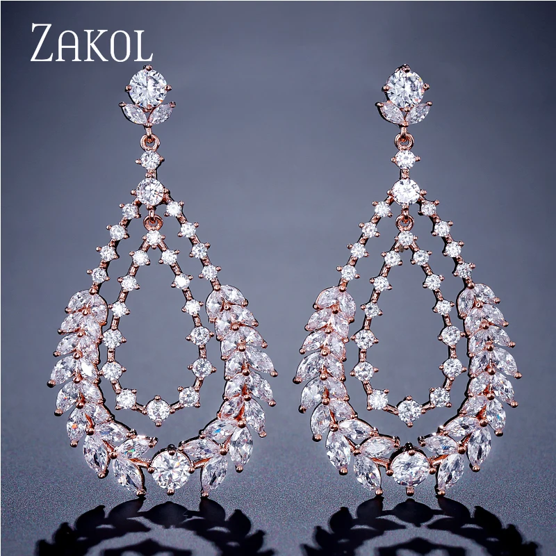 ZAKOL Designe Leaf Cubic Zirconia CZ Dangle Earrings for Elegant Women Bridal Wedding Party Jewelry FSEP2172