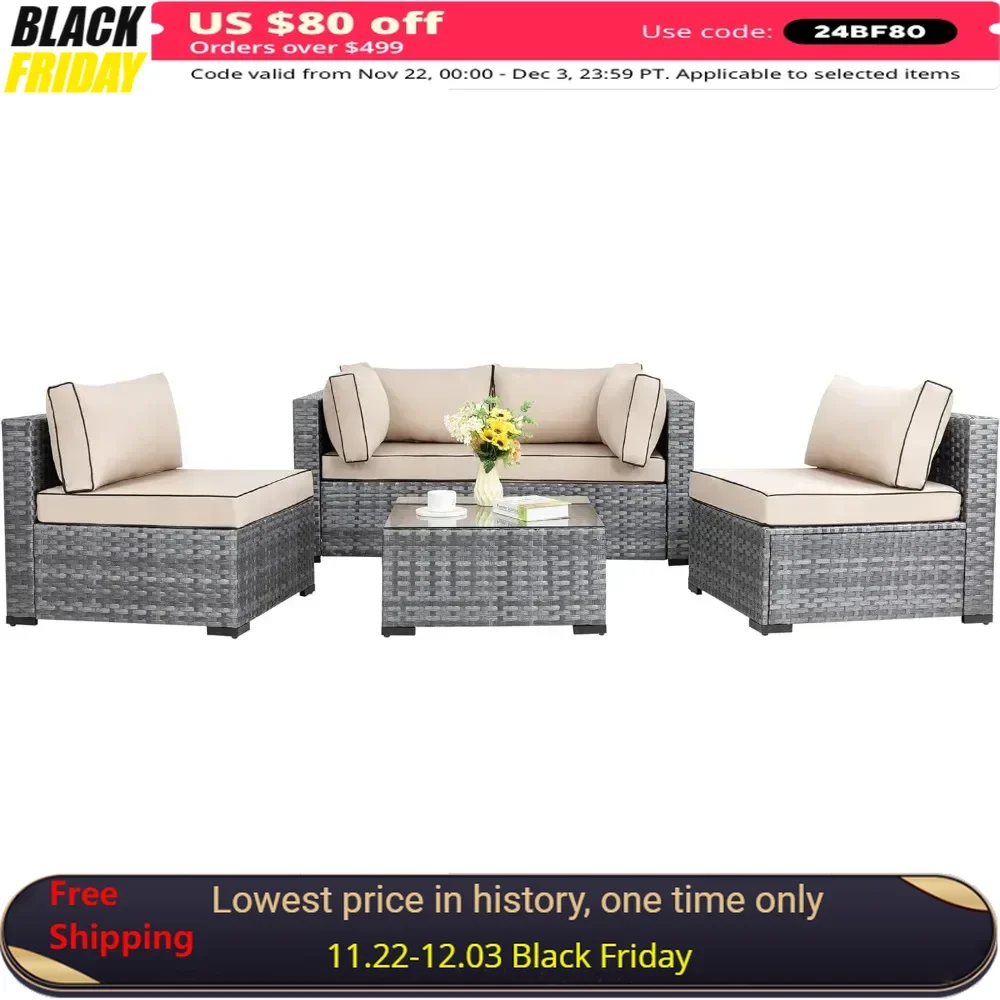 

Outdoor Sofa Set of 5 with Washable Cushions & Glass Coffee Table, 5 Pieces Outdoor Patio Sectional Sofa Couch