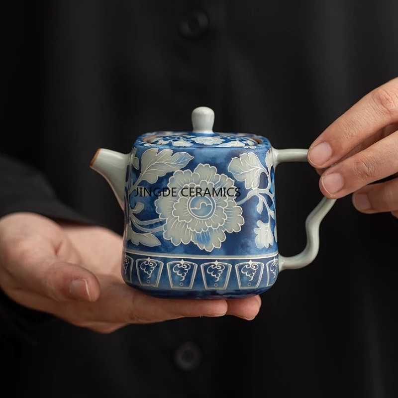 1pc Ceramic Blue and White Peony Teapot Household Square Pot Ceramic Kung Fu Tea Pot Tea Ceremony Accessories Kitchenware