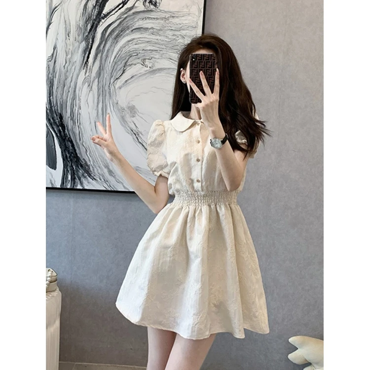 Cute Fairy Waist Skirt Women's New Summer Tea Break Sweet Girl Feeling Dress Fragrant Style Casual A-Line Short Sleeve Dress