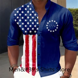 Flag Patriotic Casual Men's Button Shirt Long Sleeve Party Evening Daily Vacation Summer Spring Autumn Stand Collar Shirt