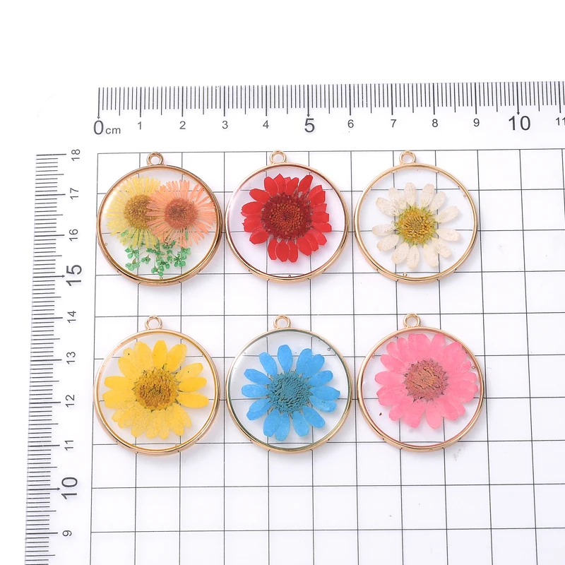 12Pcs Round Pressed Flat Plated Epoxy Natural Real Hibiscus Daisy Blossom Dried Flower Resin Charms Pendant for Jewelry Making