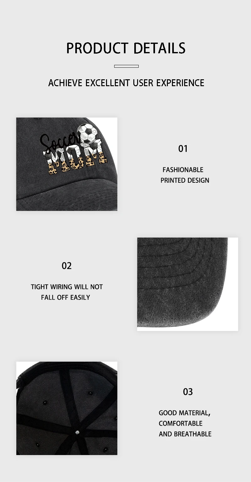 Leopard Print Soccer Mom Washed Baseball Cap, verstellbare Unisex-Mütze für den Fußballspieltag für Mütter – Detail 7