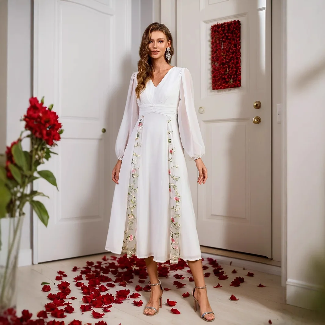 Nuova gonna soffice bianca Versatile scollo a V maniche a lanterna Gonna di media lunghezza Banchetto Matrimonio Sposa Regalo Festa Islam Elegante