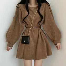 Autumn Corduroy Sashes Dresses Women Korean Preppy Puff Sleeves Casual A Line Mini Dress Harajuku Elegant All Match Solid Dress