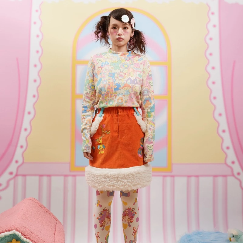 กระโปรงสั้นผ้ากำมะหยี่ลายสัตว์สีส้มแดง ดีไซน์ดั้งเดิม สำหรับผู้หญิง  คอลเลคชั่นฤดูใบไม้ร่วง-ฤดูหนาว น่ารัก นุ่ม หนา