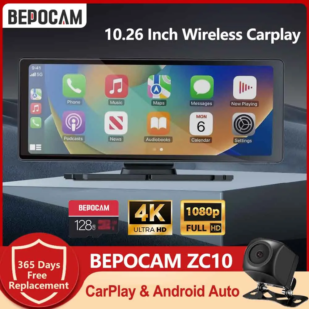 BEPOCAM ZC10 10.26'' Carplay Car Media Player 4K Display Multimedia Video Bluetooth Player 5GWiFi FM AUX Radio for Apple Android