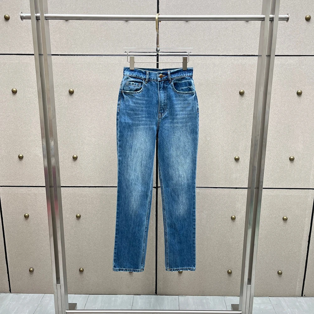 Women 100% Cotton Straight Leg Jeans High Waist Denim Pants Vintage Washed Length Trousers Casual Daily Wear Female Denim Jeans