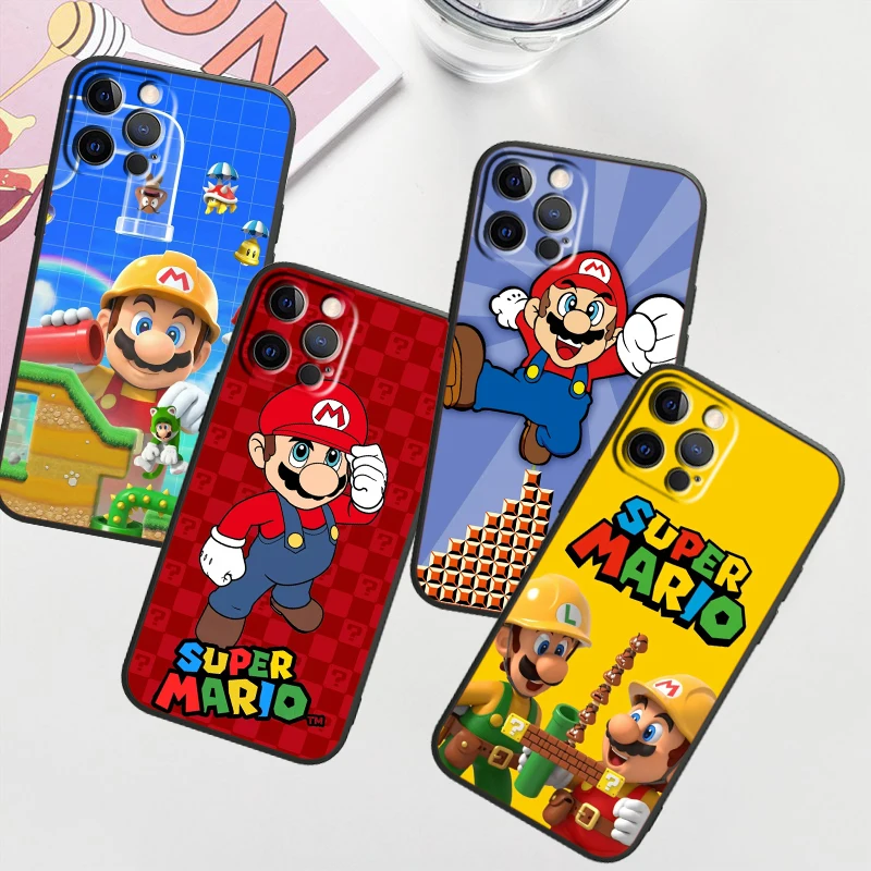 M-Marios Cute Cartoon Art For Apple iPhone 16 15 14 13 12 11 XS XR X Pro Max Plus Mini Black Funda Phone Case