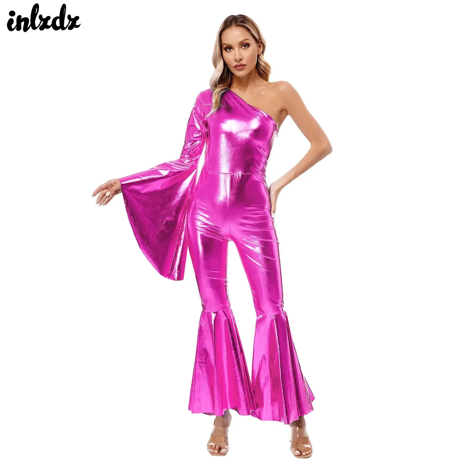 Kids Girls Metallic Shiny Ballet Jazz Dance Unitard Jumpsuit 70s Disco Hippie Costume Flare Sleeve Metallic Bell-Bottom Bodysuit