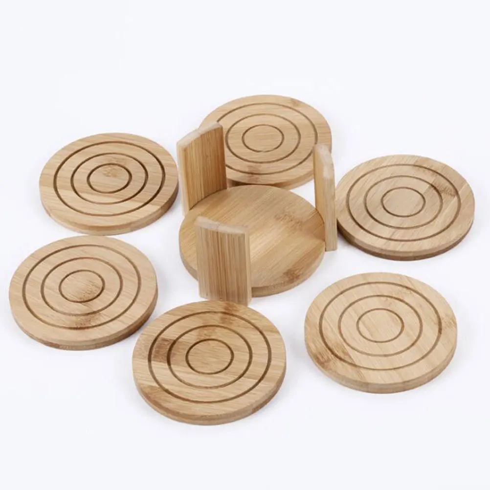 

7pcs Bamboo Wood Drink Coaster Set Cup Mat Heat Insulated Table Decoration Storage Frame Household Tableware Kitchen