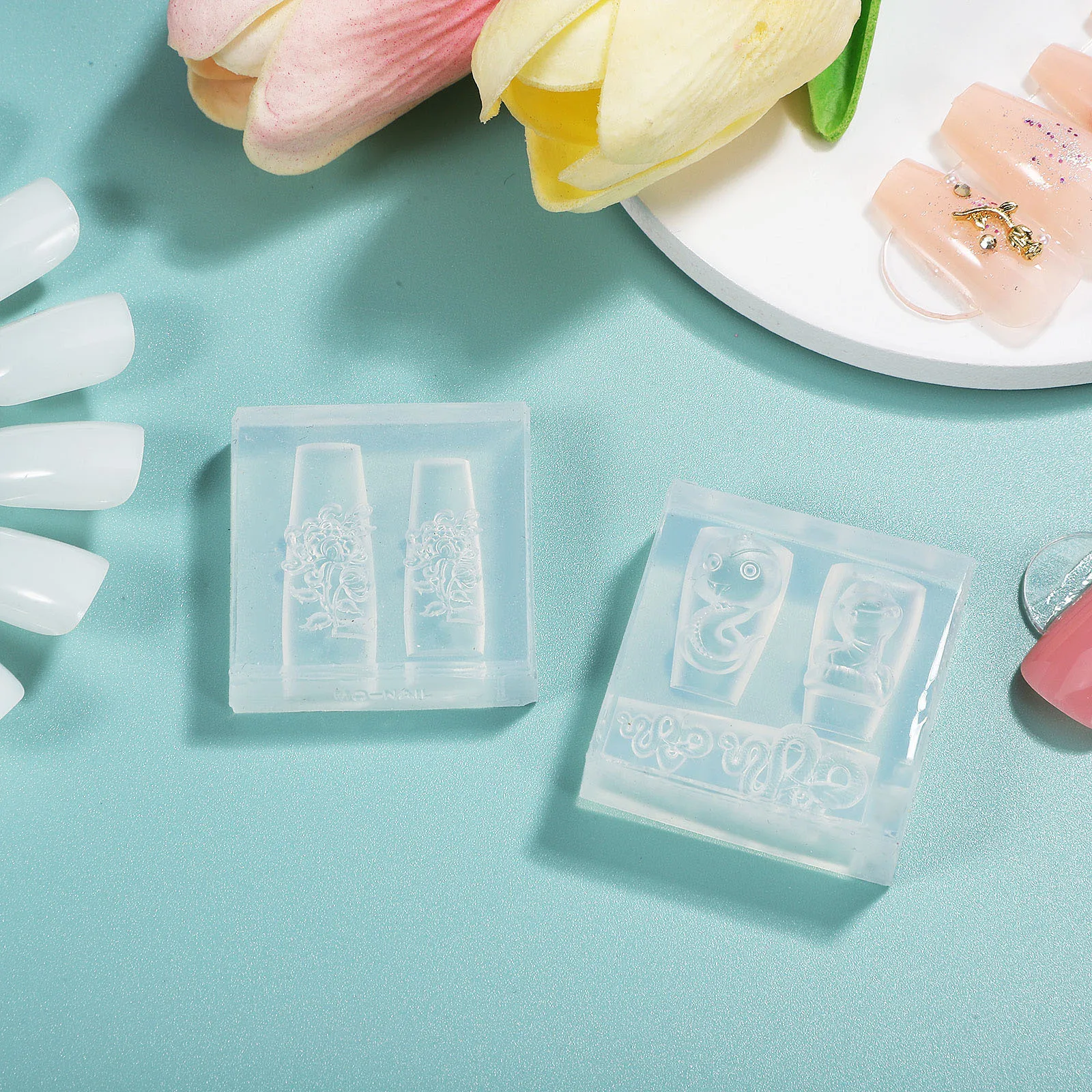 

2Pcs Nail Decoration Silicone Mold Sturdy Flexible DIY Nail Decor Manicure 3D Embossed Mold Nails Stamping Plates