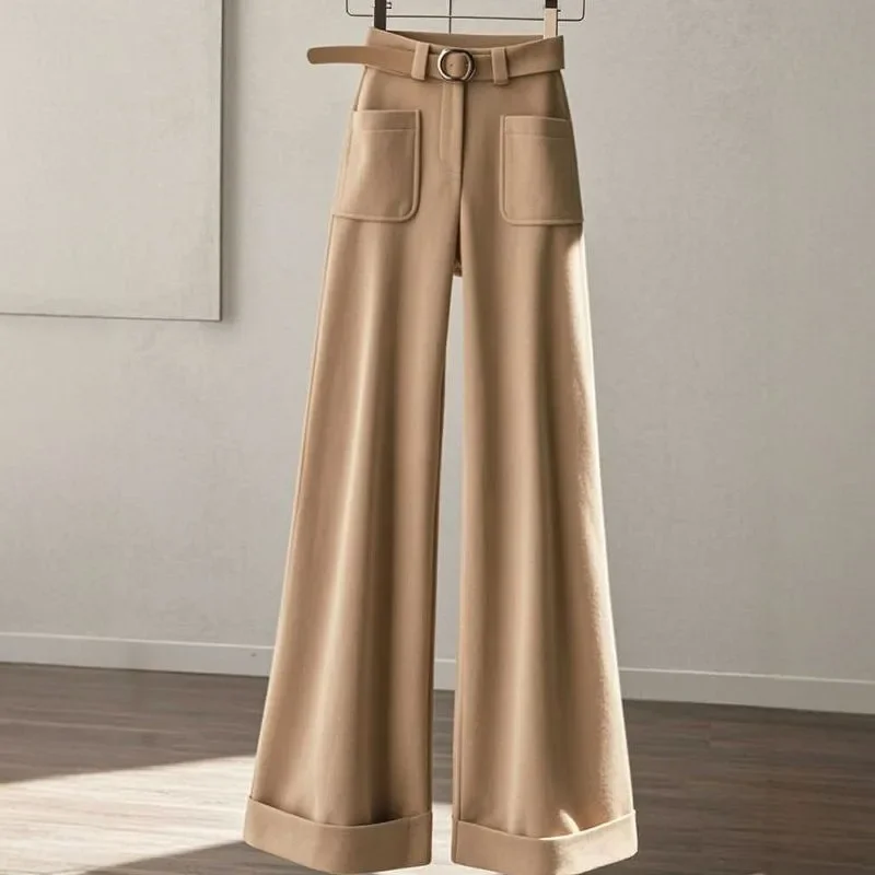 Pantaloni con tasche kaki Pantaloni versatili larghi con gambe larghe Donna Primavera Autunno Pantaloni casual alla caviglia Office Lady XQ221